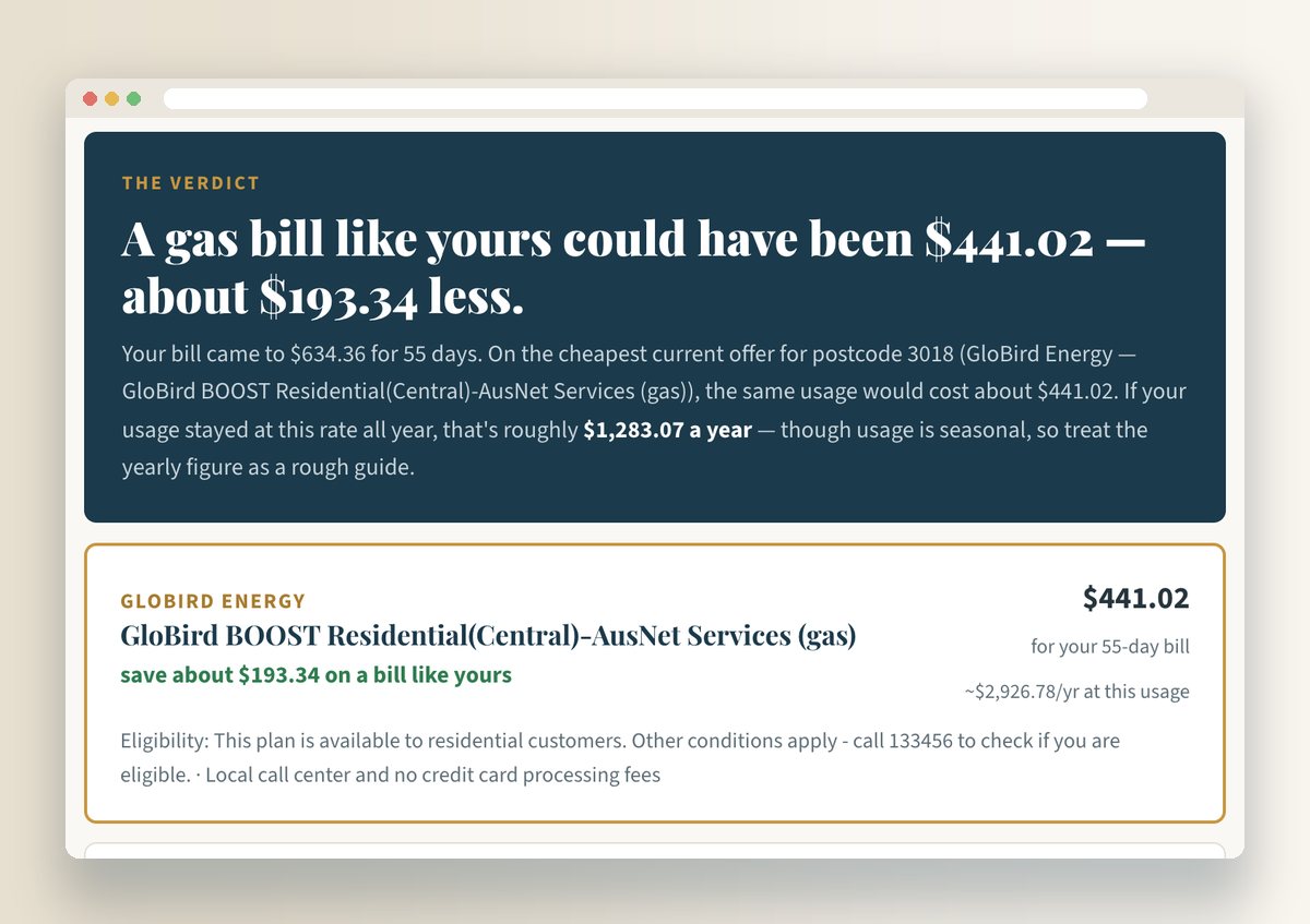 The Energy Bill Check verdict screen: a gas bill like yours could have been $441.02, about $193.34 less, with the cheapest plan listed below it