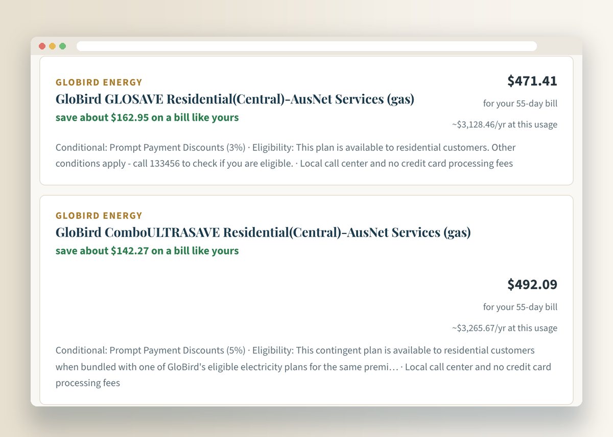 The ranked plan list: GloBird, Tango and other plans with the saving on a bill like yours and the yearly cost at this usage