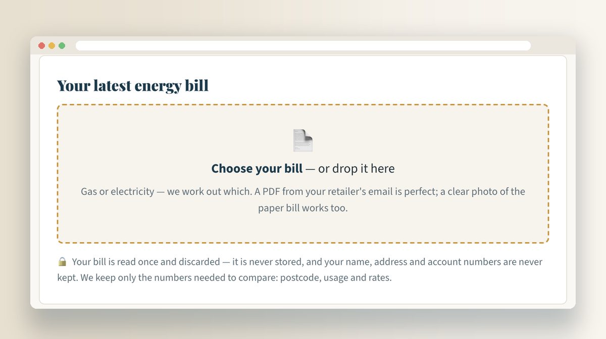 The upload screen: choose your bill or drop it here, with a note that the bill is read once and discarded