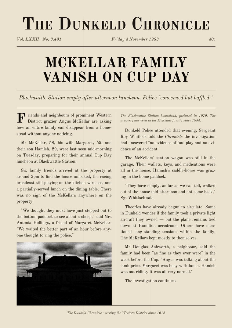 A period newspaper clipping reporting the McKellar family's disappearance