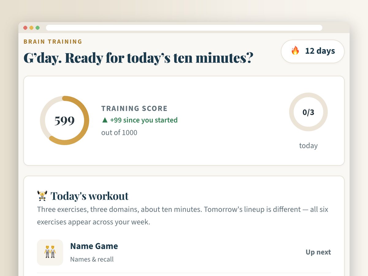 The Brain Training dashboard: a training score of 599, a 12-day streak, and today's three-exercise workout