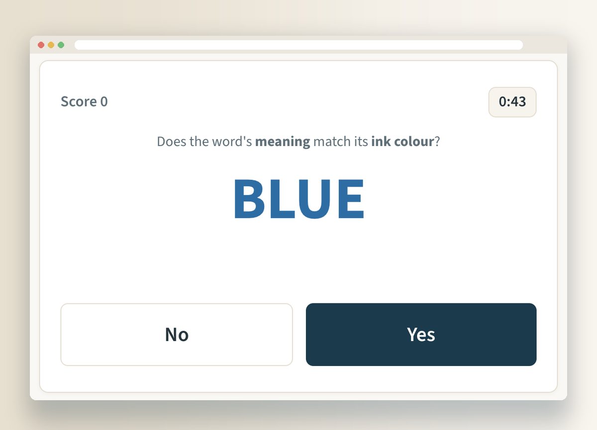 Colour Clash mid-game: the word BLUE with Yes and No buttons and a 43-second timer