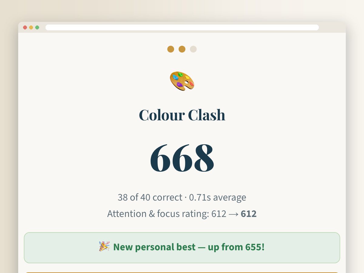 The result screen: Colour Clash, 668, a new personal best up from 655