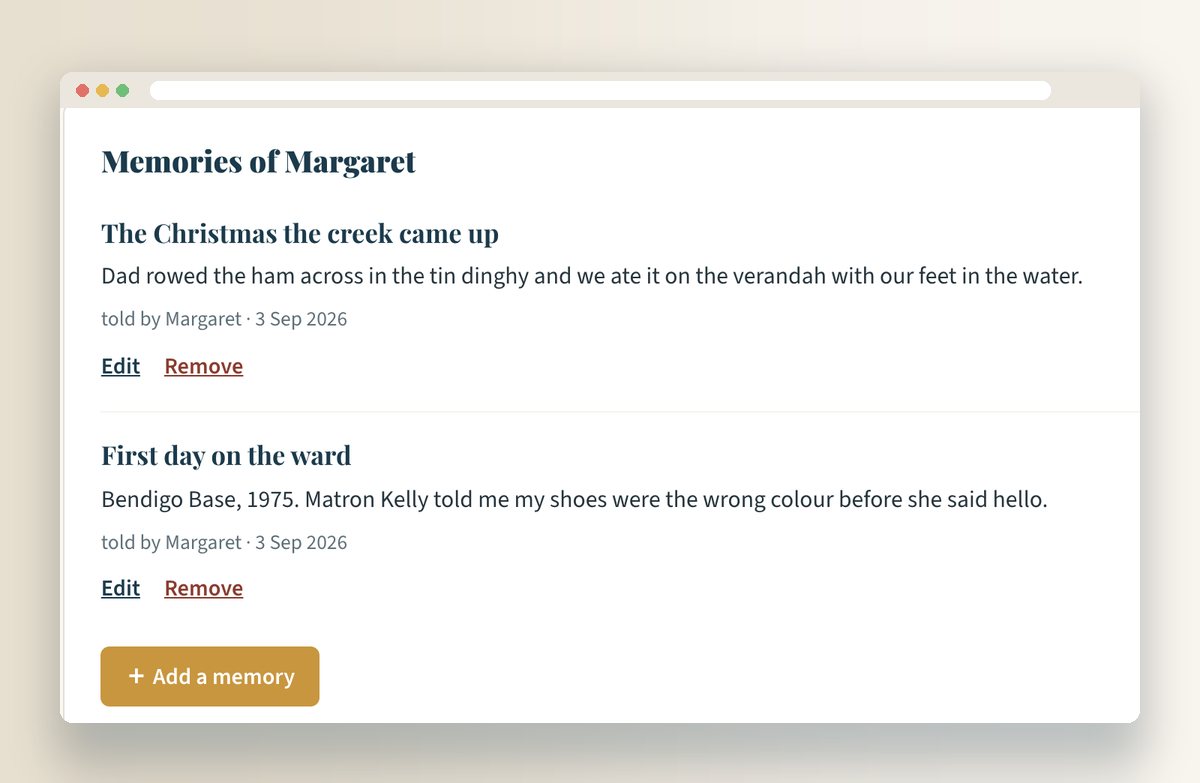 Memories of Margaret: 'The Christmas the creek came up' and 'First day on the ward', with an Add a memory button