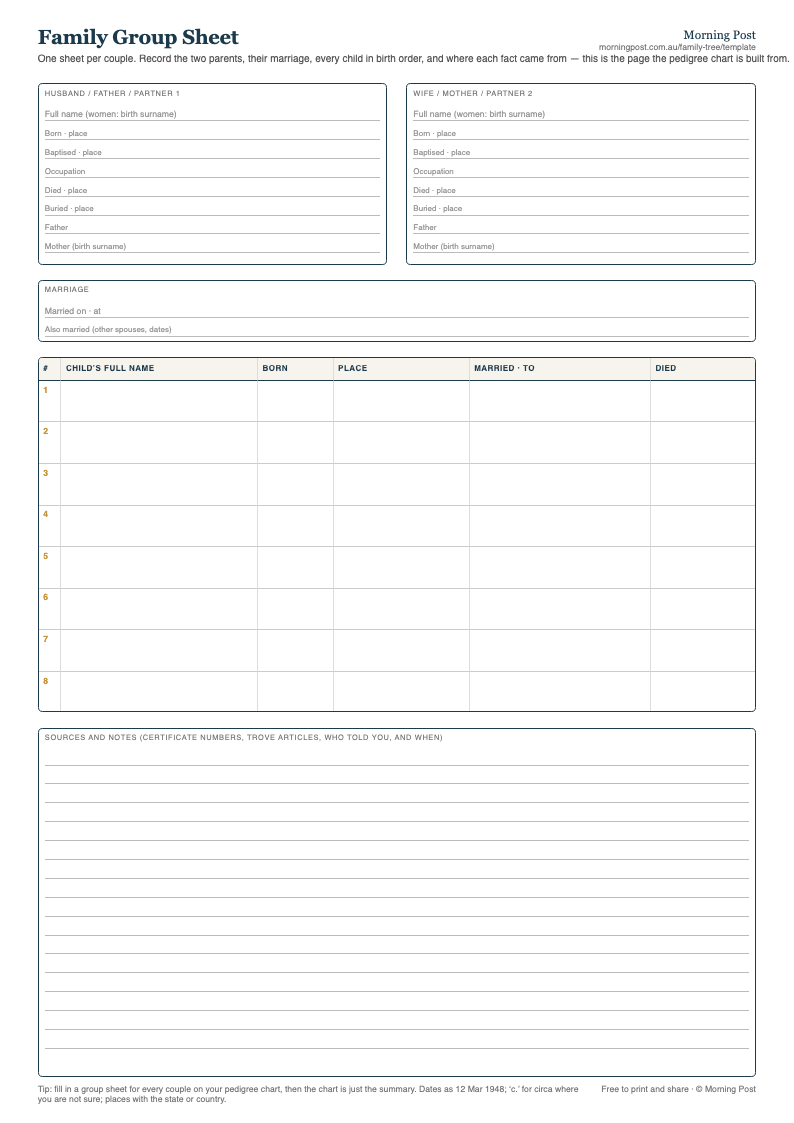 Preview of the family group sheet: two parents, marriage, eight children and a sources box