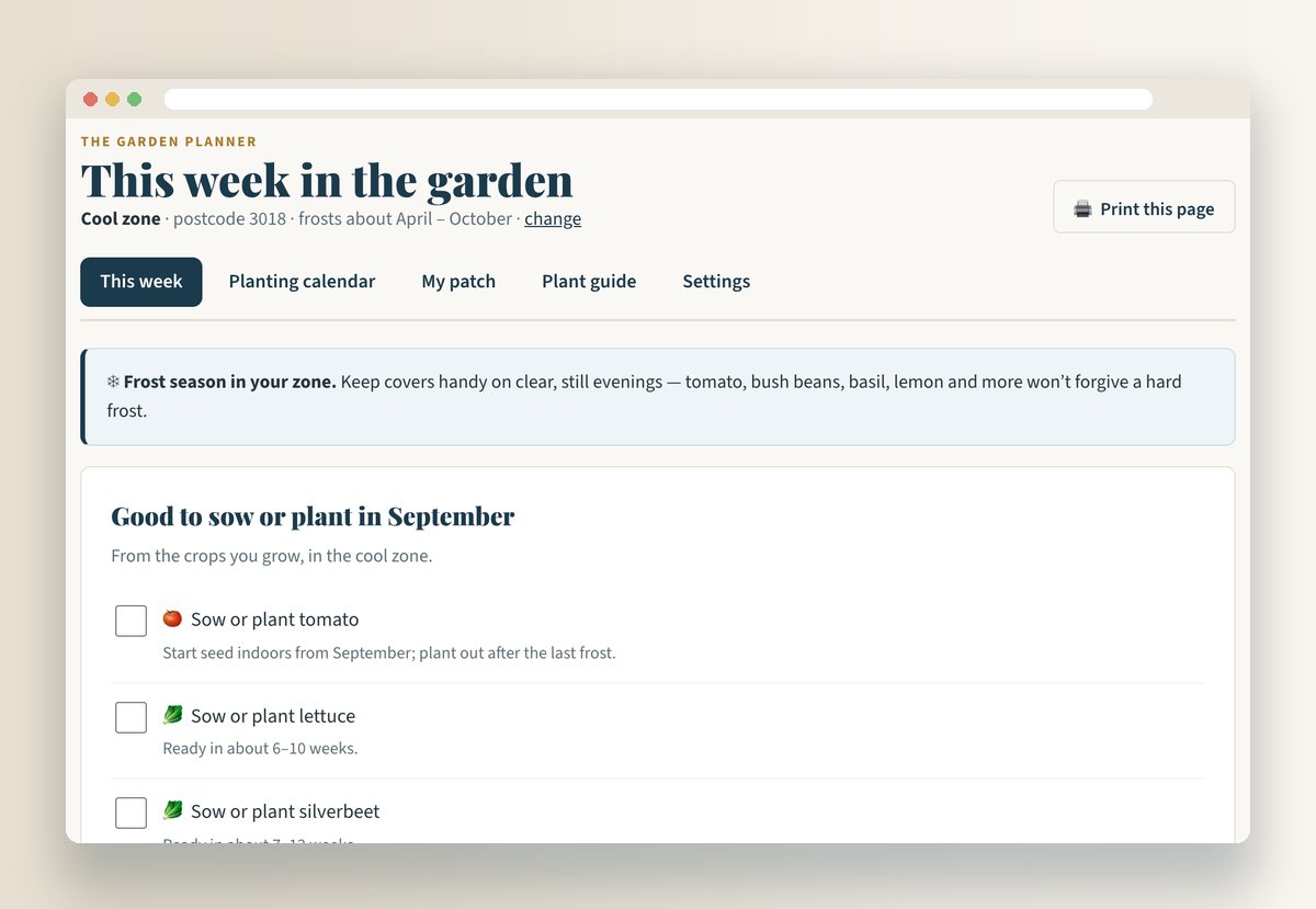 The Garden Planner's This Week screen for postcode 3018, cool zone: a frost warning and what's good to sow or plant in September
