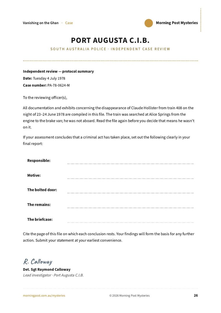 The Port Augusta C.I.B. review form with five questions to answer