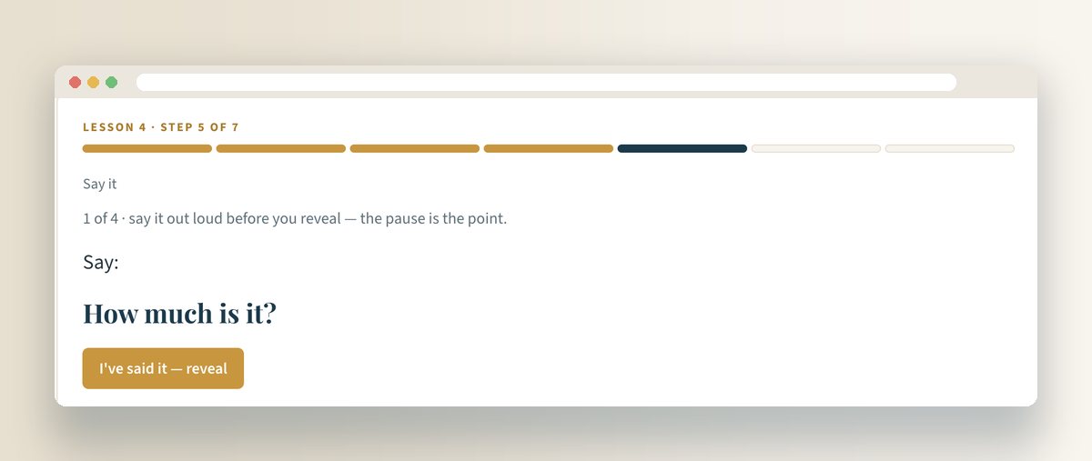 The Say It step: Say 'How much is it?', with an 'I've said it — reveal' button