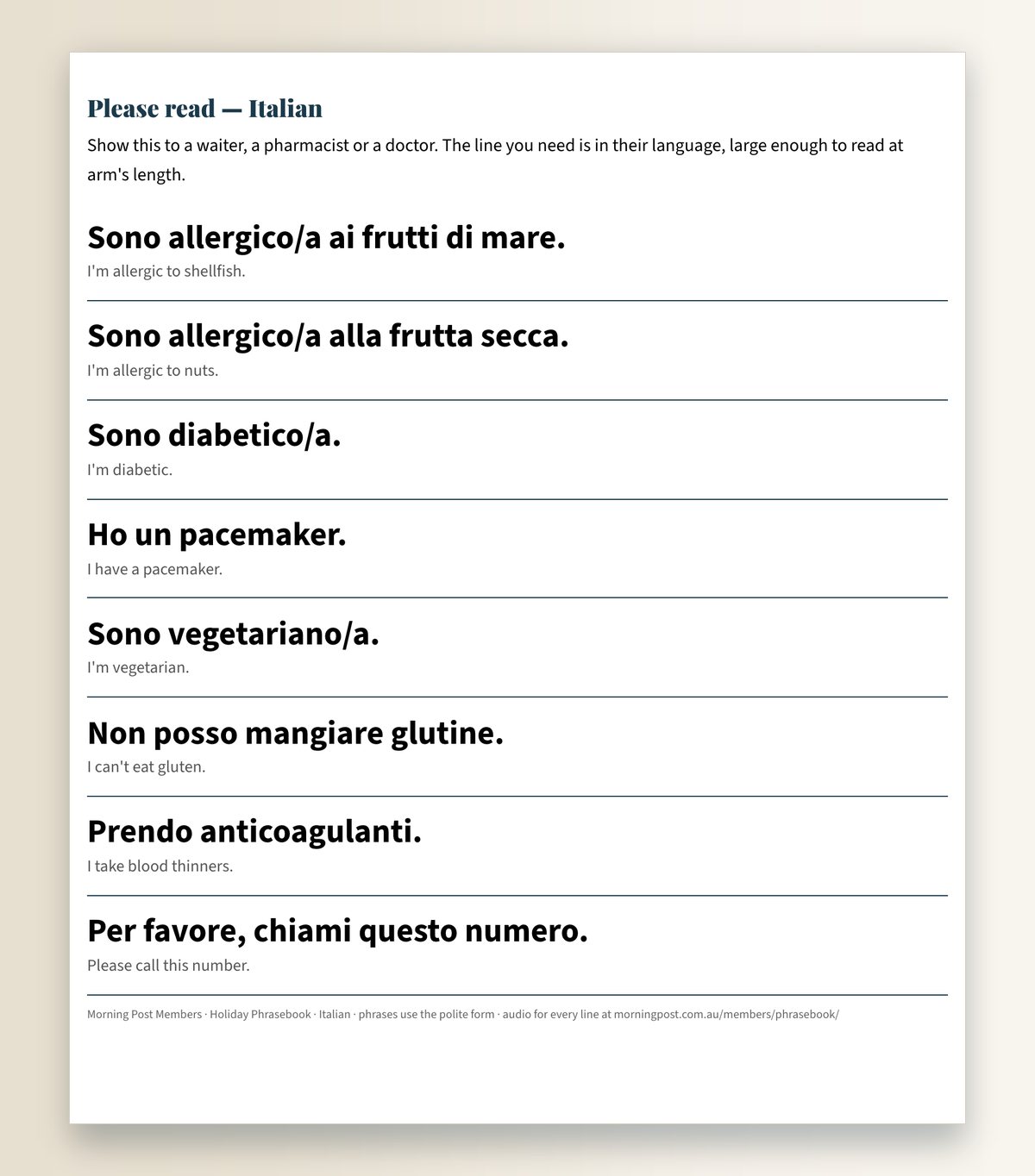 The printed show-this card: Please read — Italian, with allergy and medical lines in large type