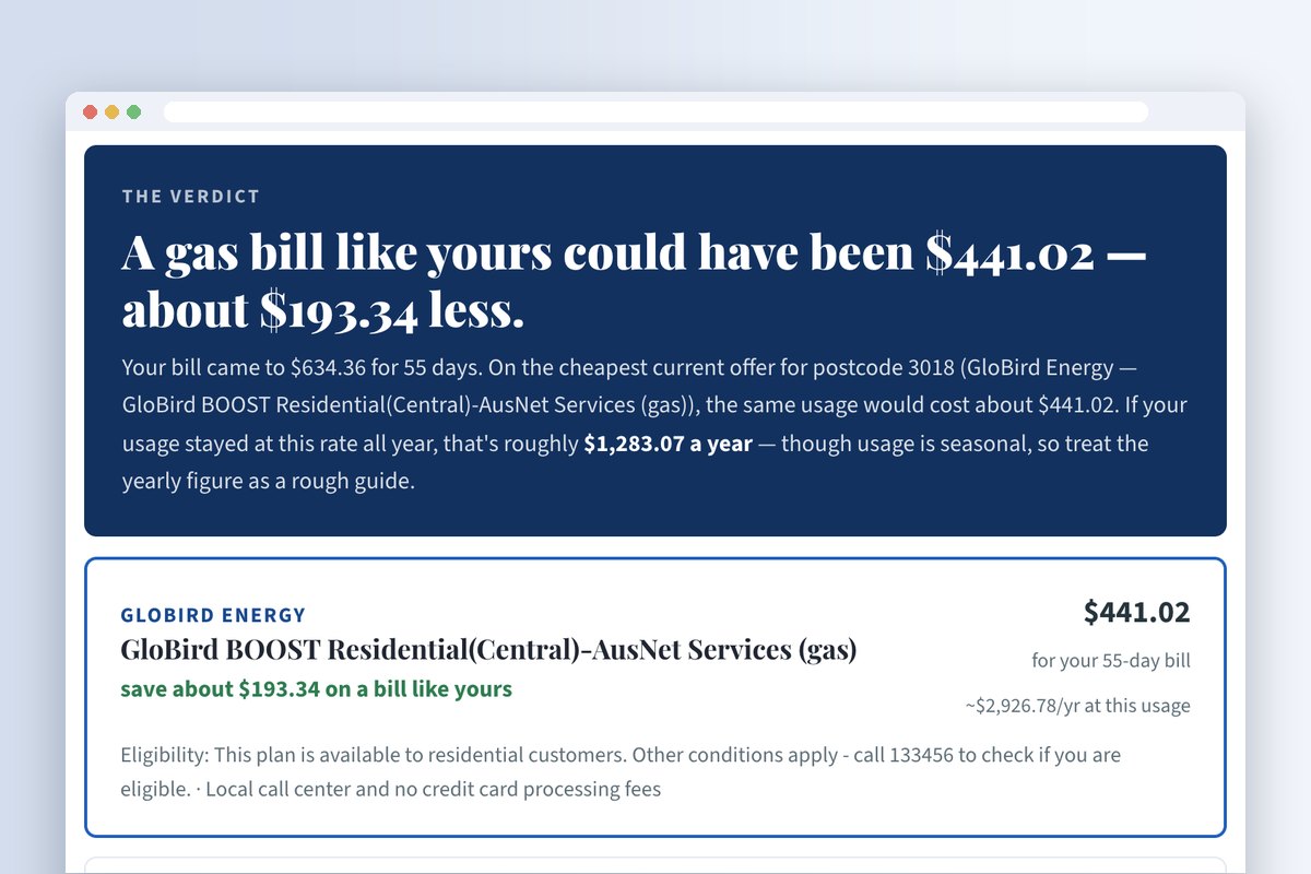 The Energy Bill Check result screen: a gas bill like yours could have been $441, about $193 less