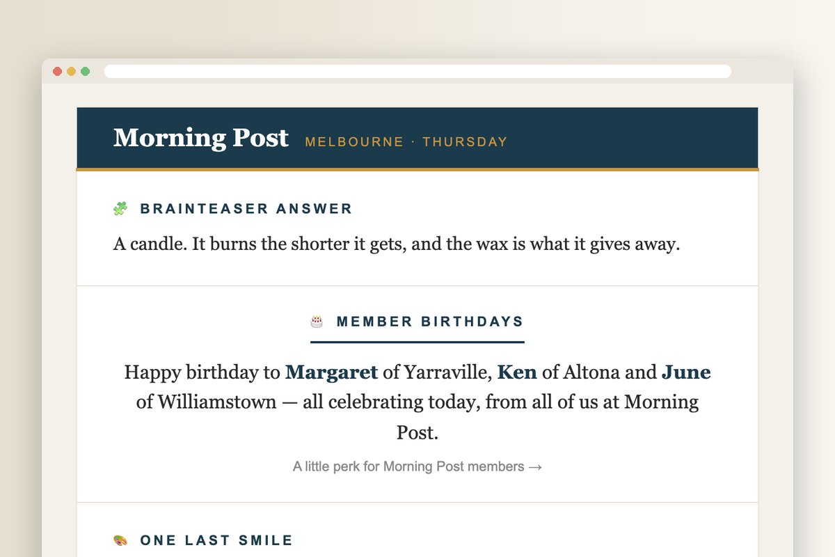 A Member Birthdays section in the morning edition wishing three members a happy birthday by first name and suburb