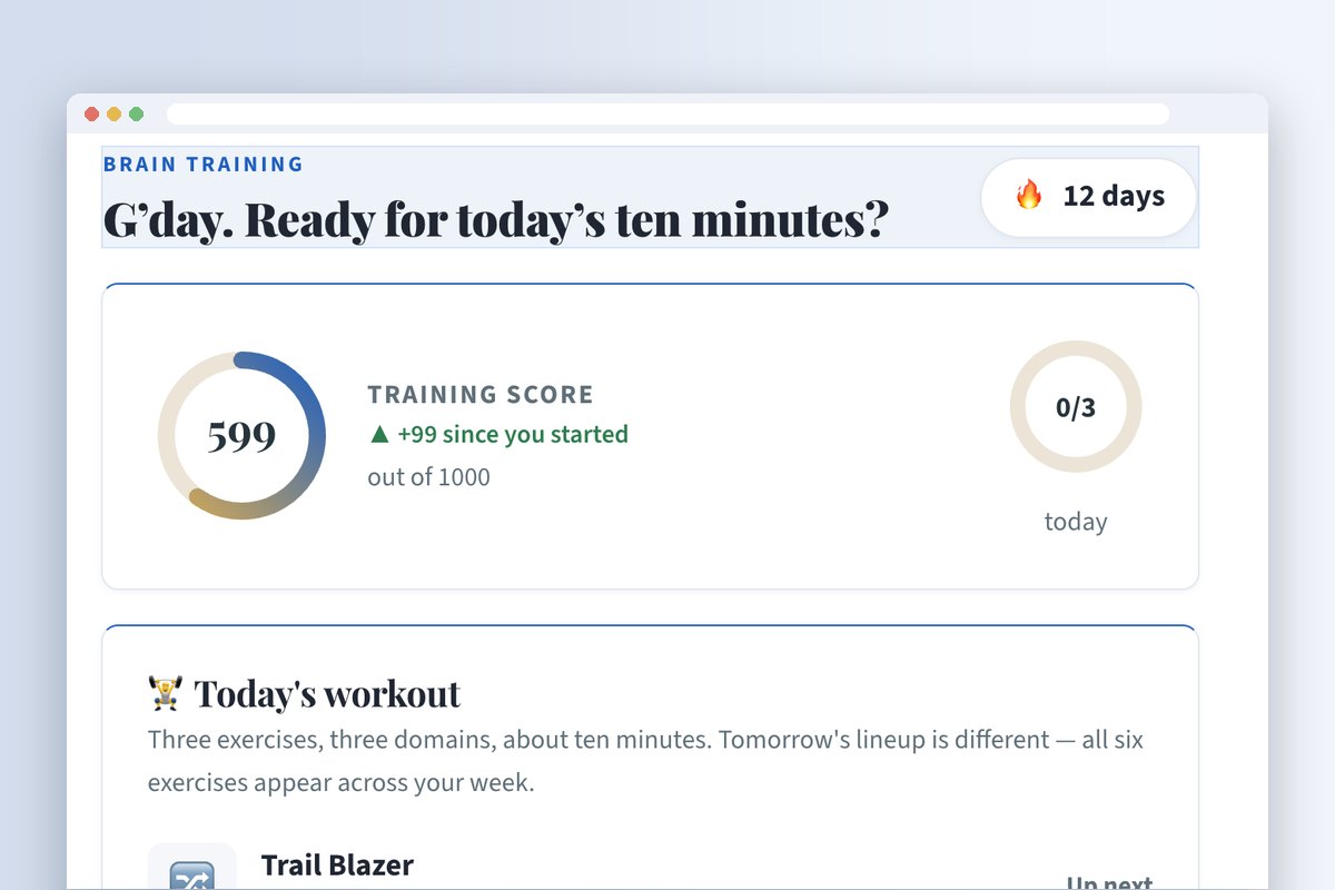 Daily Brain Training: a training score of 599 with a 12-day streak and today's three-exercise workout