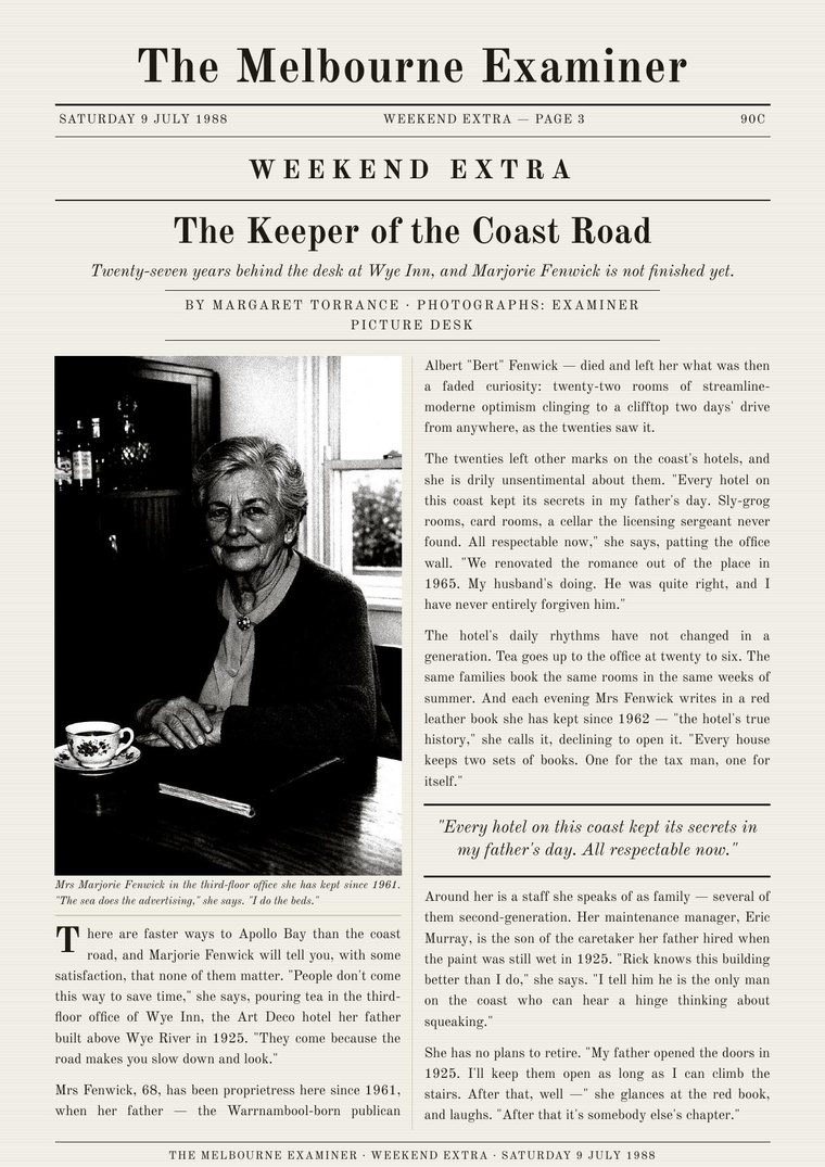 A 1988 broadsheet weekend feature about Wye Inn and its proprietress